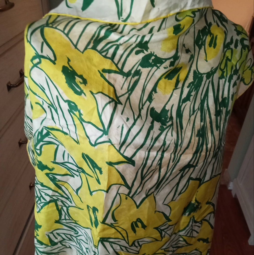 Vintage large green and yellow silk square scarf.